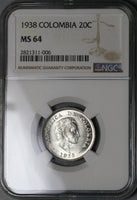 1938 NGC MS 64 Colombia 20 Centavos Silver Mint State Condor Coin (22021601C)
