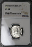 1938 NGC MS 64 Colombia 20 Centavos Silver Mint State Condor Coin (22021601C)