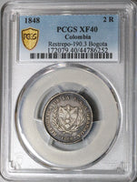 1848 PCGS XF 40 Colombia 2 Reales Bogota Mint Silver Coin (22100802C)
