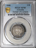 1848 PCGS XF 40 Colombia 2 Reales Bogota Mint Silver Coin (22100802C)