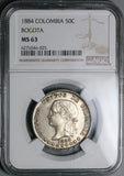 1884 NGC MS 63 Colombia 50 Centavos Bogota SIlver Liberty Head Coin (21120302D)