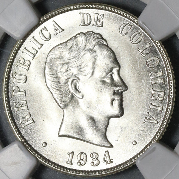 1934 NGC MS 64 Colombia Silver 50 Centavos Cartwheel Luster Coin (20091202C)
