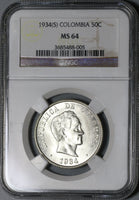 1934 NGC MS 64 Colombia Silver 50 Centavos Cartwheel Luster Coin (20091202C)