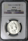 1934 NGC MS 64 Colombia Silver 50 Centavos Cartwheel Luster Coin (20091202C)