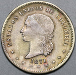 1871 Colombia 5 Decimos Silver VF 50 Centavos Bogota Mint Coin (21030804R)