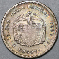 1871 Colombia 5 Decimos Silver VF 50 Centavos Bogota Mint Coin (21030804R)