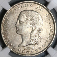 1878/4 NGC AU 55 Colombia 5 Decimos Medellin 50 Centavos Silver Coin POP 1/1 (22120203C)