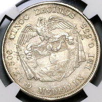 1878/4 NGC AU 55 Colombia 5 Decimos Medellin 50 Centavos Silver Coin POP 1/1 (22120203C)