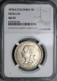 1878/4 NGC AU 55 Colombia 5 Decimos Medellin 50 Centavos Silver Coin POP 1/1 (22120203C)