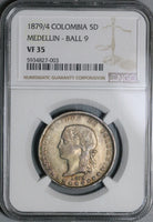 1879/4 NGC VF 35 Colombia Medellin 5 Decimos Silver Coin (21071901C)