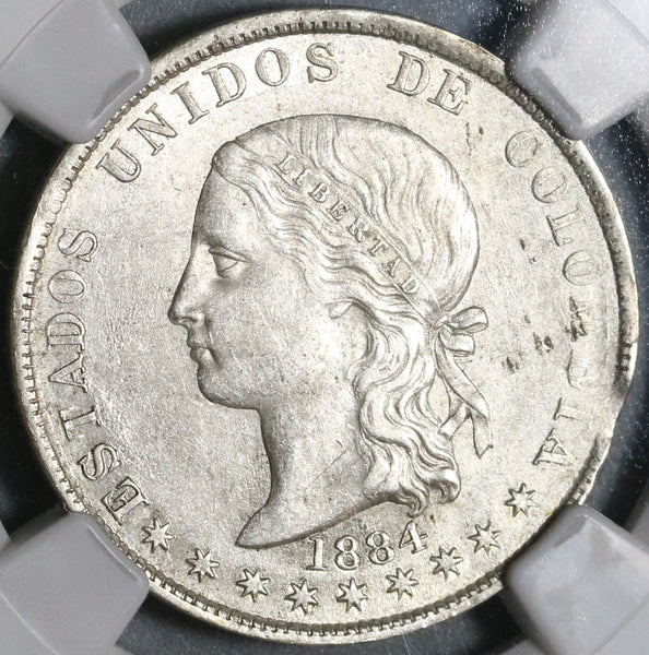 1884 NGC AU 55 Colombia 5 Decimos Medellin 50 Centavos Silver Coin (20012903C)