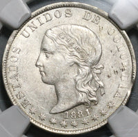 1884 NGC AU 55 Colombia 5 Decimos Medellin 50 Centavos Silver Coin (20012903C)