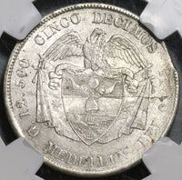 1884 NGC AU 55 Colombia 5 Decimos Medellin 50 Centavos Silver Coin (20012903C)