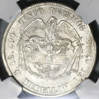 1884 NGC AU 55 Colombia 5 Decimos Medellin 50 Centavos Silver Coin (20012903C)