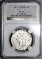 1884 NGC AU 55 Colombia 5 Decimos Medellin 50 Centavos Silver Coin (20012903C)