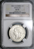 1884 NGC AU 55 Colombia 5 Decimos Medellin 50 Centavos Silver Coin (20012903C)