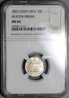 1892 NGC MS 64 Costa Rica 10 Centavos Mint State Silver Heaton Coin (20082701C)