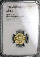 1936 NGC MS 64 Costa Rica 10 Centimos Mint State Brass Coin (21063002C)