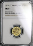 1936 NGC MS 64 Costa Rica 10 Centimos Mint State Brass Coin (21063002C)