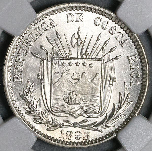 1893 NGC MS 66 Costa Rica 25 Centavos Heaton Gem Mint State Coin (21111701C)