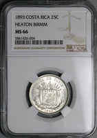 1893 NGC MS 66 Costa Rica 25 Centavos Heaton Gem Mint State Coin (21111701C)