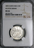 1893 NGC MS 66 Costa Rica 25 Centavos Heaton Gem Mint State Coin (21111701C)
