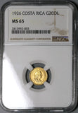 1926 NGC MS 65 Costa Rica 2 Dos Colones Gold 15K Philadelphia Coin (21080101C)