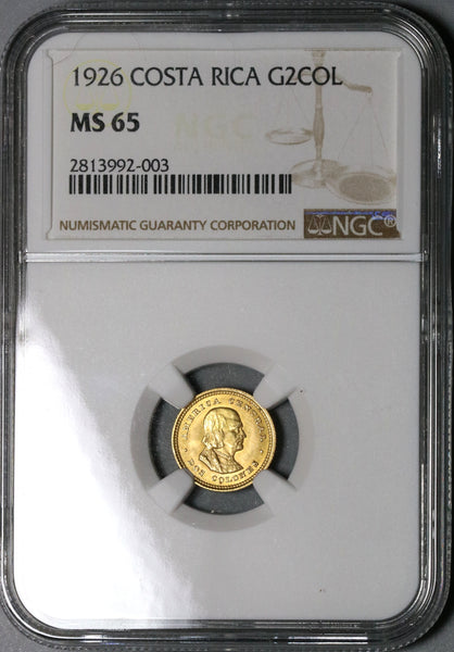 1926 NGC MS 65 Costa Rica 2 Dos Colones Gold 15K Philadelphia Coin