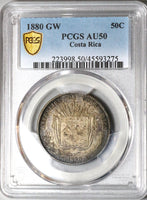 1880 PCGS AU 50 Costa Rica 50 Centavos Silver Coin POP 1/0 (22122601C)
