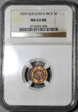 1929 NGC MS 63 Costa Rica 5 Centimos Mint State Bronze Coin (21030704C)