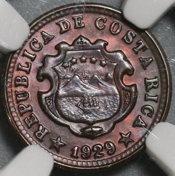 1929 NGC MS 64 Costa Rica 5 Centimos Mint State Bronze Coin (21030302D)