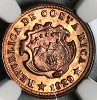 1929 NGC MS 66 Costa Rica 5 Centimos Mint State Bronze Coin (23042001C)