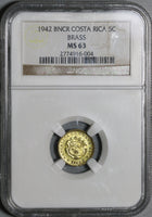 1942 NGC MS 63 Costa Rica 5 Centimos Mint State Brass Coin (21030706C)