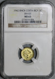 1942 NGC MS 63 Costa Rica 5 Centimos Mint State Brass Coin (21030706C)