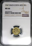1947 NGC MS 66 Costa Rica 5 Centimos Mint State Brass Coin POP 2/0 (20120602C)