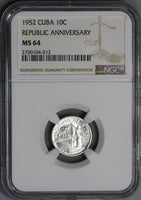 1952 NGC MS 64 Caribbean 10 Centavos Republic Anniversary Commemorative Silver Coin (19041401C)