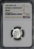 1952 NGC MS 64 Caribbean 10 Centavos Republic Anniversary Commemorative Silver Coin (19041401C)