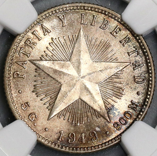 1949 NGC MS 64 Caribbean 20 Centavos Last Starfish Silver Coin