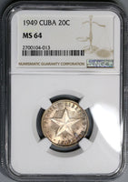 1949 NGC MS 64 Caribbean 20 Centavos Last Starfish Silver Coin (19041901C)