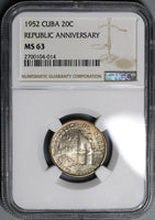 1952 NGC MS 63 Caribbean 20 Centavos Republic Anniversary Commemorative Silver Coin (19040901C)