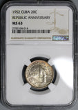 1952 NGC MS 63 Caribbean 20 Centavos Republic Anniversary Commemorative Silver Coin (19040901C)