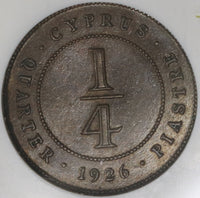 1926 NGC AU 58 Cyprus 1/4 Piastre George V Great Britain Colonial Coin (18122903C)