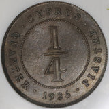 1926 NGC AU 58 Cyprus 1/4 Piastre George V Great Britain Colonial Coin (18122903C)