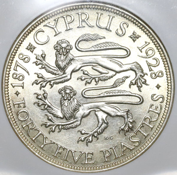 1928 NGC AU 58 Cyprus 45 Piastres 50th Anniversary Silver Coin 80k
