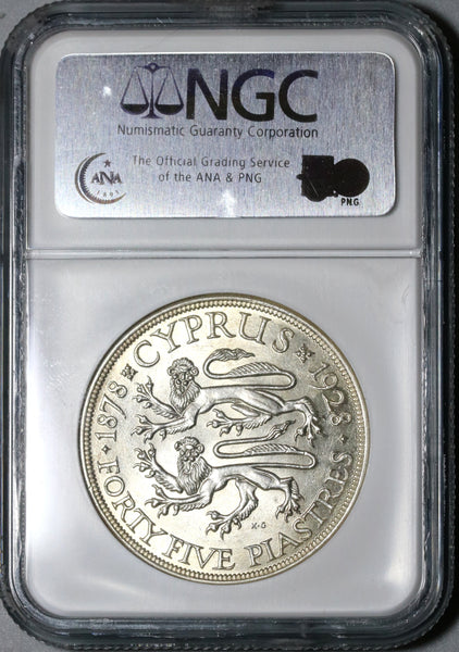1928 NGC AU 58 Cyprus 45 Piastres 50th Anniversary Silver Coin 80k