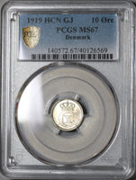 1919 PCGS MS 67 Denmark 10 Ore Mint State Christian X Silver Coin POP 7/0 (20122703C)