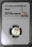 1915 NGC MS 67 Denmark 25 Ore Christian X Mint State Silver Coin POP 2/0 (19101403C)