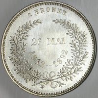 1892 NGC MS 65 Denmark 2 Kroner Wedding Gem Mint State Coin (22031602C)