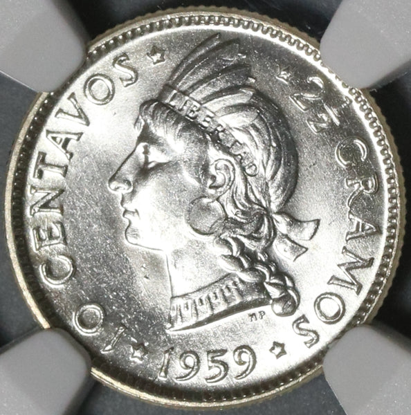 1959 NGC MS 65 Dominican Republic Silver 10 Centavos Scarce Coin (21021402C)