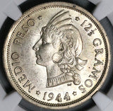 1944 NGC AU 58 Dominican Republic 1/2 Peso 50 Centavos 100k Silver Coin (22051502C)